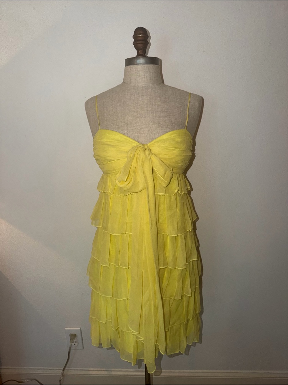 ABS by Allen Schwartz Yellow Silk Tiered Ruffle Spaghetti Strap mini Dress